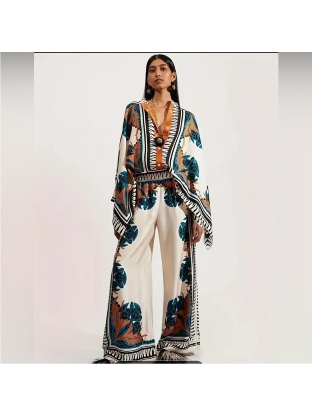 Boho Floral Wide-Leg 2 piece suit in Ivory with Teal & Rust